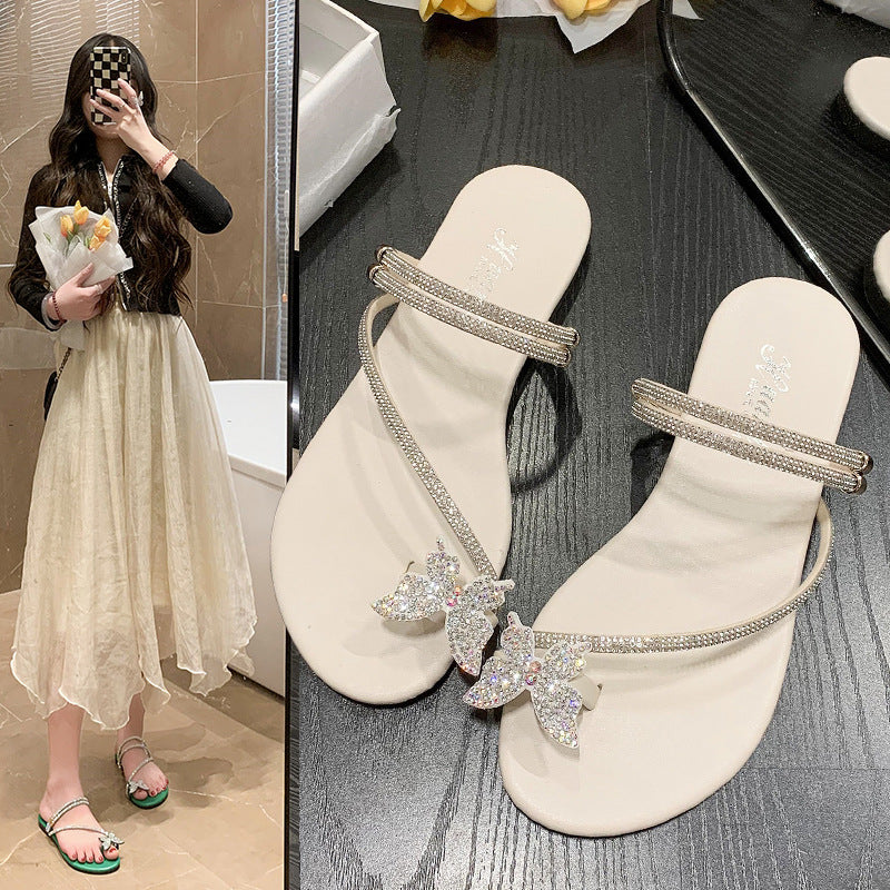 Plus Size Flat Bottom Rhinestone Bow Toe Covering Sandals Women's Outer Wear Fashion