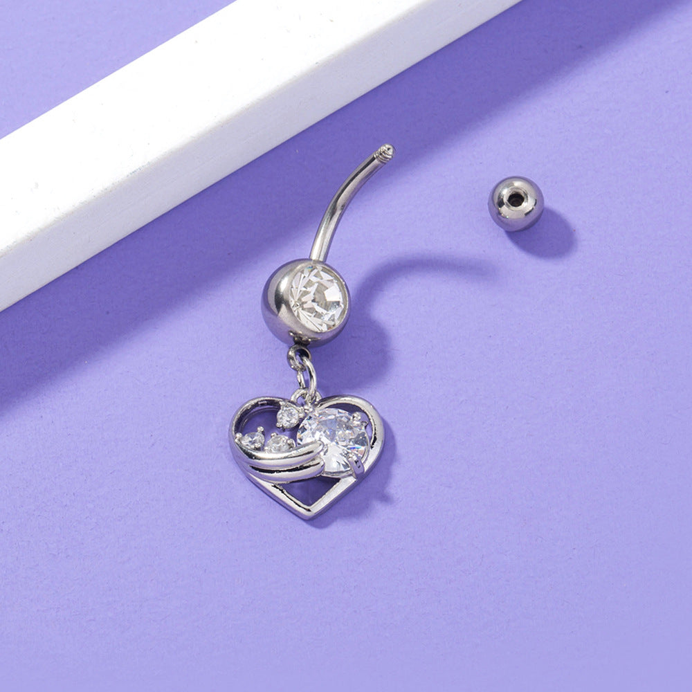 New Simple Inlaid Zircon Peach Heart Belly Button Ring