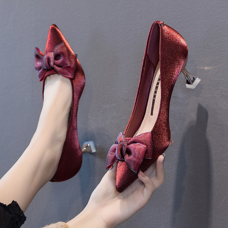 Fashion Bow Pointed Single Shoes Red Wedding Shoes