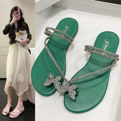 Plus Size Flat Bottom Rhinestone Bow Toe Covering Sandals Women's Outer Wear Fashion