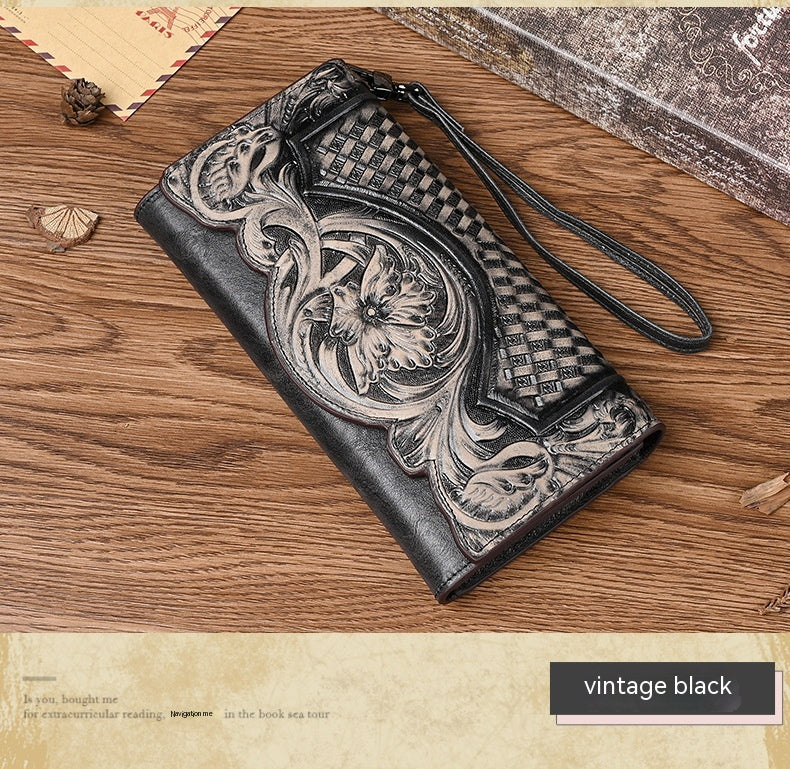 Chinese Style Embossed Wallet Women's First Layer Long Cowhide Fashion Wallet Large Capacity Tri-fold Bag Retro Wallet